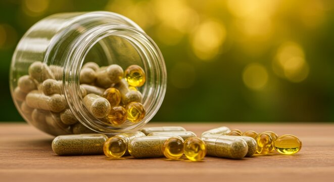 Jar Tipped Spilling Herbal Capsules and Vitamin Gels on Wood with Soft Golden Floral Bokeh