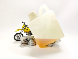 The high and expensive cost of gasoline represents a major financial concept for transportation, shown with a motorcycle, fuel, and coins
