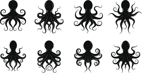 Octopus silhouette, marine animal illustration, ocean wildlife graphic, underwater creature design, black sea life art, aquatic tentacle drawing, abstract marine artwork, ocean design