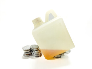 A conceptual image illustrating the high price of expensive gasoline, with a fuel container propped up by coins on a white background