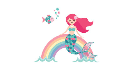 Obraz premium A cheerful mermaid with pink hair sits on a pastel rainbow over ocean waves with a small fish swimming nearby and little hearts floating in the air.