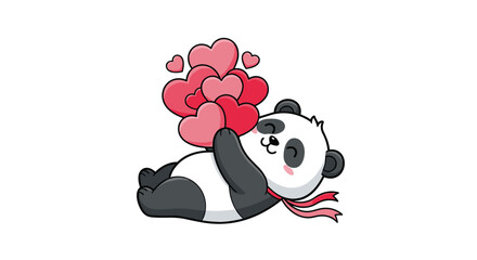 Naklejka premium A cute cartoon panda lies on its back holding a bouquet of red hearts.