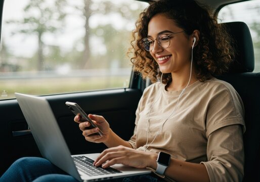 Woman working on laptop and phone in a car - Powered by Adobe