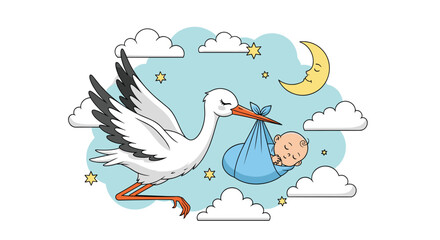 The stork delivers a newborn baby boy to his waiting parents in a cloudy sky.