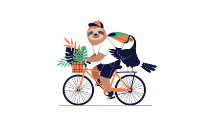 Naklejka premium A sloth riding a bicycle with a toucan on its back carrying plants.