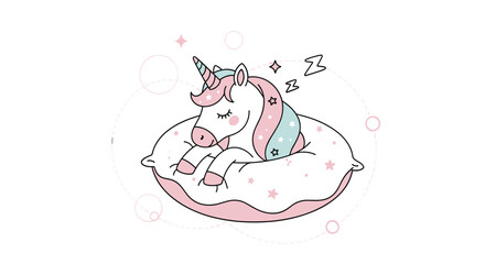 A cute sleepy unicorn resting on a soft pillow with stars.