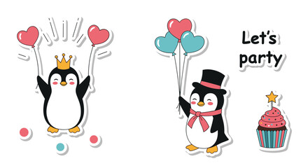 Naklejka premium Cute penguins celebrating with balloons cupcakes and crowns for a special occasion.