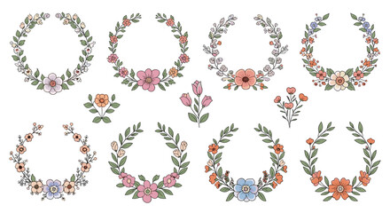 Fototapeta premium Set of eight floral wreaths with small bouquets of flowers.