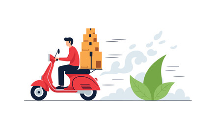 A man riding a red scooter with boxes on the back.