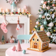Cute and colorful christmas home decoration with pastel gingerbread cozy living room festive atmosphere cheerful viewpoint