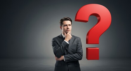 A Thoughtful Businessman Pondering an Enormous Red Question Mark Above His Head