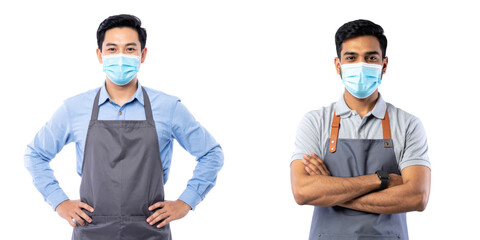 Two Asian Shopkeepers Wear Protective Face Masks and Aprons Against a White Background