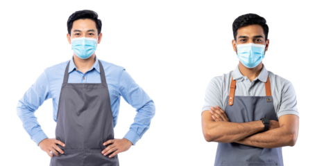 Two Asian Shopkeepers Wear Protective Face Masks and Aprons Against a White Background