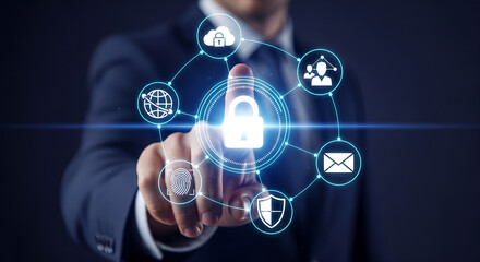 Digital Security Data Protection Male Hand Touching Padlock Blue Copy Space