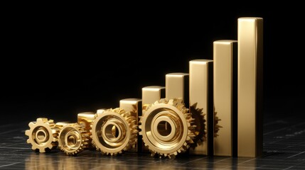 Golden Gears and Rising Bar Graph Symbolizing Progress and Growth in Business and Industry with Dark Background for Professional Use