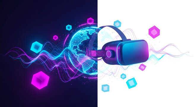 Virtual Reality VR Headset Metaverse Digital Globe Blue Purple Copy Space - Powered by Adobe
