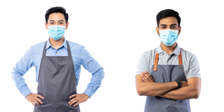 Two Asian Shopkeepers Wear Protective Face Masks and Aprons Against a White Background