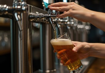 Pouring a refreshing glass of beer from a tap at a bar.