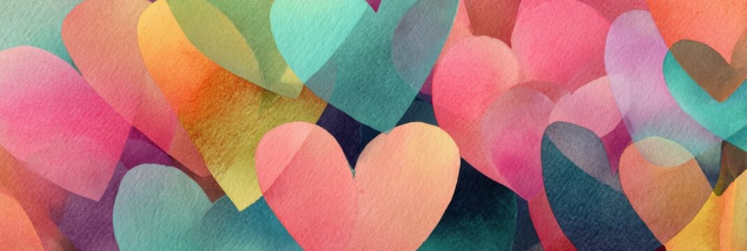 Brightly colored hearts blend together in an abstract pattern, radiating joy and excitement, perfect for festive occasions or expressions of love.