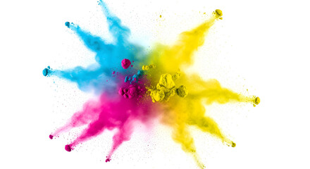 Vibrant cyan magenta yellow powder explosion on white background