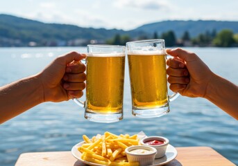 Cheers with Beer Mugs and French Fries by the Lake