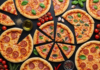 Delicious pizzas with various toppings arranged on a dark surface, ready to eat.