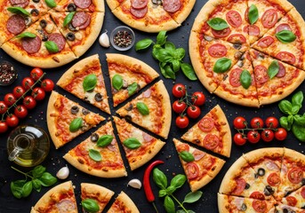 Delicious pizzas with various toppings and fresh ingredients on a dark surface.