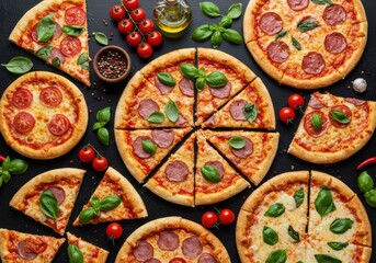 Delicious pizzas with various toppings and fresh basil leaves on a dark surface.