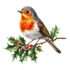 Detailed illustration of a robin perched on a holly branch with red berries isolated on transparent background, showcasing winter and christmas themes