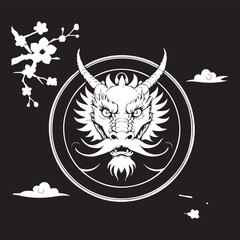 Illustration of a head of a DRAGON Is white on black background and enclosed in a circle with appropriate Asian elements 