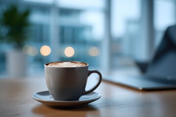 Obraz premium Coffee and laptop create a cozy workspace in a bright modern setting during morning hours