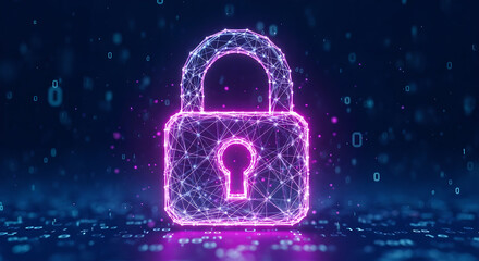 Data Security Cyber Protection Digital Lock Purple Neon Wireframe Horizontal Copy Space