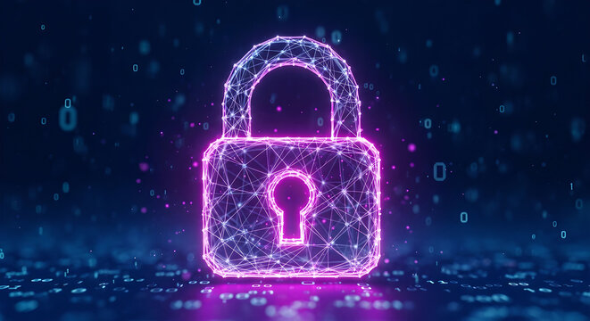 Data Security Cyber Protection Digital Lock Purple Neon Wireframe Horizontal Copy Space