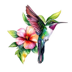 Watercolor painting of a hummingbird with a hibiscus flower, isolated on transparent background, showcasing its vibrant colors and intricate details in a tropical setting