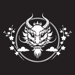 Illustration of a head of a DRAGON Is white on black background and enclosed in a circle with appropriate Asian elements 