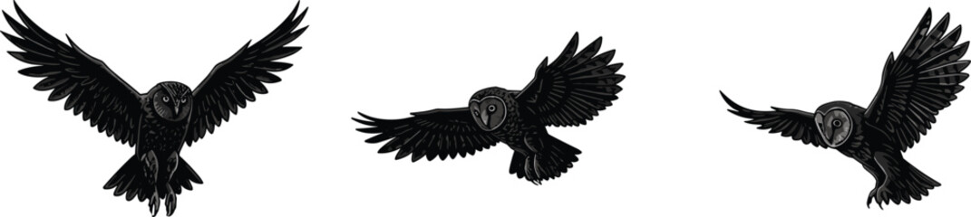 Owl in flight illustration, flying owl artwork, detailed owl drawing, nocturnal bird design, wildlife sketch, predator wings spread, tattoo style