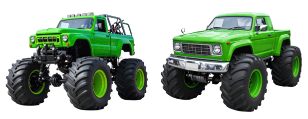 Two Green Monster Trucks Side By Side With Large Wheels Against White Background Perfect For Transportation and Off Roading Use With Detailed Suspension and Chassis