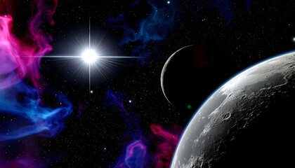 Obraz premium Stunning Space Scene with Bright Star, Planets, and Colorful Nebulae