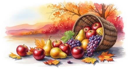 Abundant autumn harvest watercolor artwork showcasing seasonal fruits and nature