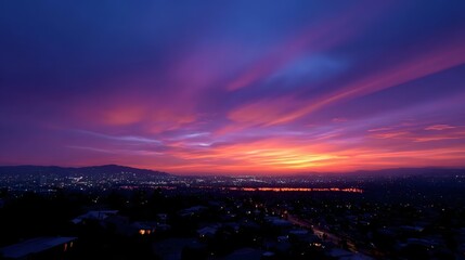 Breathtaking view of a vibrant sunset over the cityscape, with colorful clouds and lights illuminating the urban landscape below