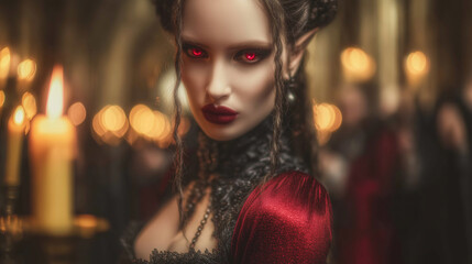 Fototapeta premium Vampire woman with red glowing eyes poses in a gothic setting during Halloween celebration