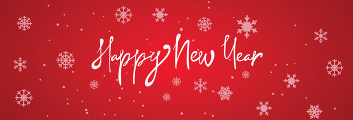 A vibrant vector banner in bright red, featuring handwritten "Happy New Year" wishes and delicate snowflakes on the background. This festive design is perfect for seasonal promotions or greetings.