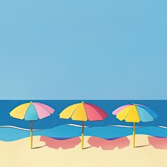 Obraz premium Beach Umbrellas Shade Sand by Ocean. Summer vibes. Ideal for travel promotion