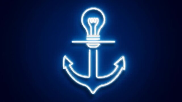 Neon anchor symbol with glowing lightbulb icon against dark blue