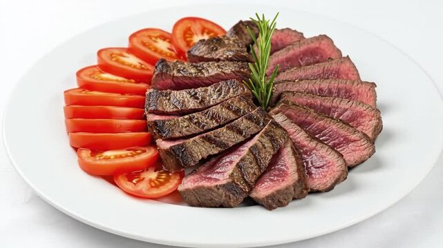 Grilled steak slices arranged with sliced tomatoes  a rosemary sprig presented on a white plate