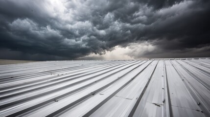 Medium shot of steel roofing highlighting secure interlocking panels under dramatic stormy skies emphasizing strength and resilience against harsh weather conditions
