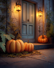 Delightful pumpkins decorating the doorstep for Halloween festivities in the evening glow of autumn