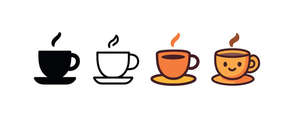 Vector icon espresso cup four styles black solid glyph outline minimal flat multicolor filled cartoon flat shaded.