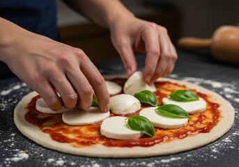 Chef adding mozzarella and basil to a pizza