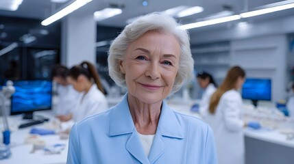 Obraz premium Portrait of a smiling, gray-haired senior woman in a professional office or academic environment, surrounded by technology and coworkers.